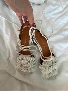 Tory Burch Cream Raffia Pom Lace-Up Sandals
